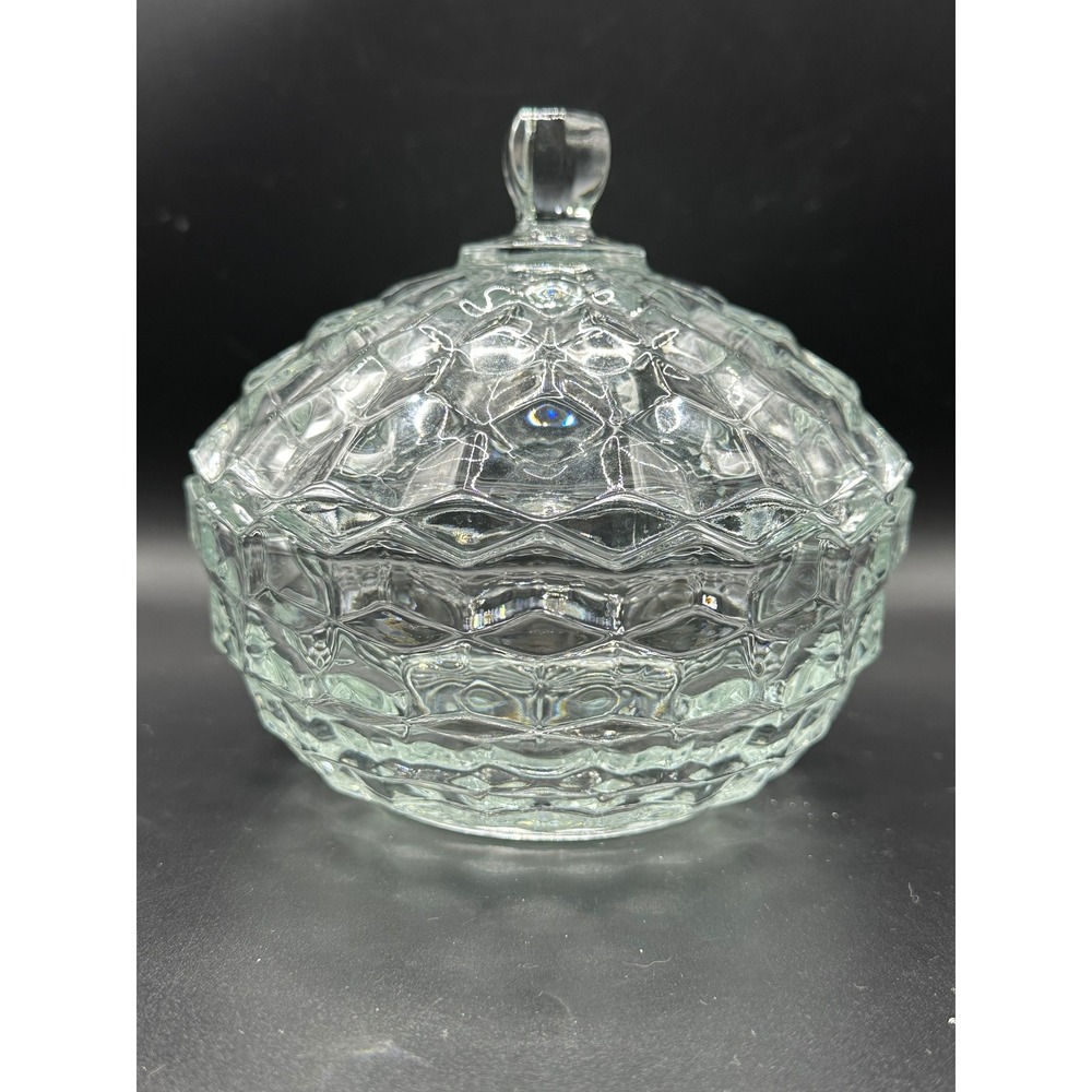Vintage Clear Pressed Glass Candy Dish with Lid Diamond Pattern Trinket Bowl 5in